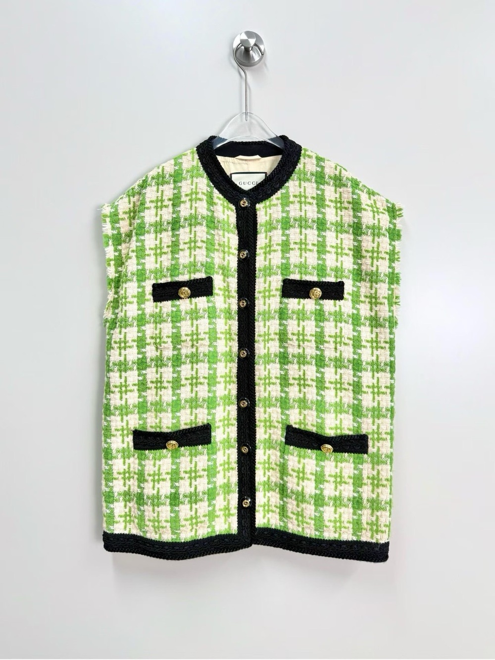 Gucci Green & White Tweed Sleeveless Jacket with Black Trim